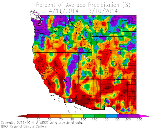 Recent precipitation levels were below normal throughout portions of the West Coast.