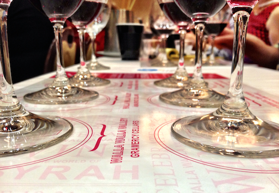 Samples from six bottlings of Syrah from throughout the world are presented at the start of the winemaker panel portion of Celebrate Walla Walla Valley Wine — The World of Syrah on Thursday, June 19, 2014.