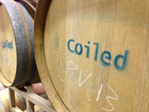 Coiled Wines Petit Verdot ages in barrel.