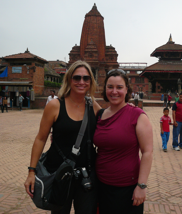 Cote Bonneville winemaker Kerry Shiels, right, and friend Melissa Hanses stop and smile in Durbar Square of Bhaktapur early in their trek through Nepal. Bhaktapur is a UNESCO World Heritage City about 30 minutes from Kathmandu. "Most of these old buildings are now gone," Shiels said. (Photo courtesy of Kerry Shiels/Cote Bonneville)