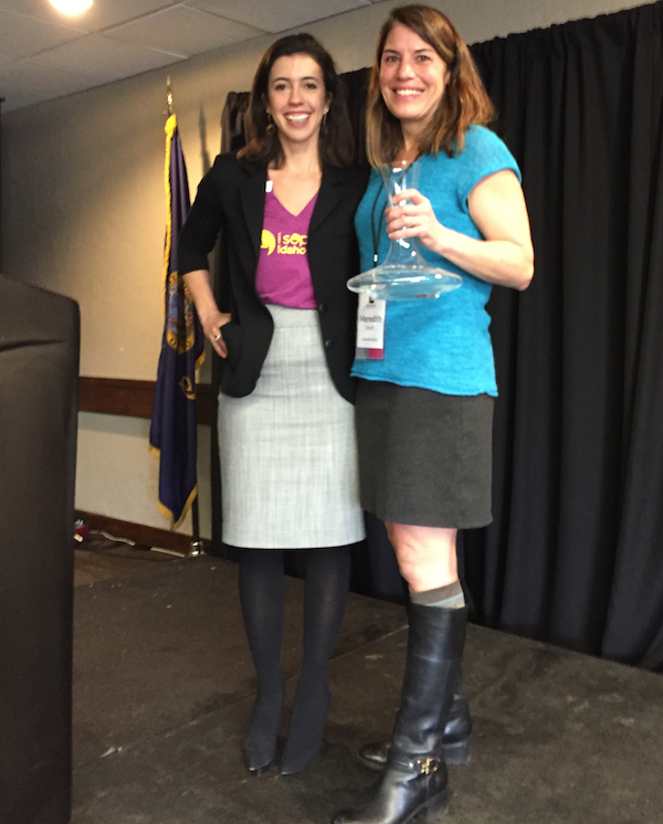 Executive director Moya Dolsby presents Meredith Smith of Sawtooth Estate Winery with the Idaho Wine Commission's inaugural Distinguished Member Award on Wednesday, Feb. 24, 2016 in Garden City.