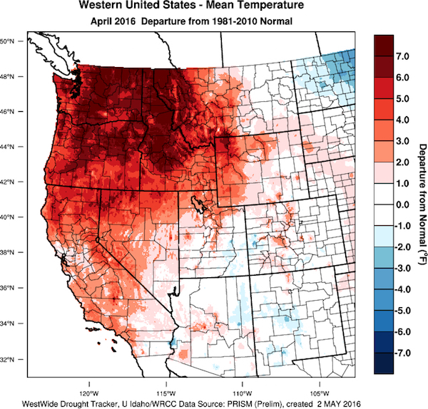 The Western United States continues to see temperatures departing from normal. (Images by WestWide Drought Tracker, Western Region Climate Center; University of Idaho/courtesy of Gregory Jones).