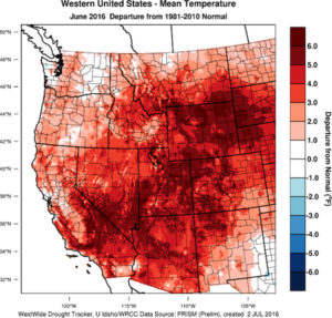 June 2016 temperature departures from normal in the western U.S.
