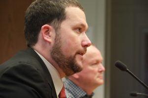 Josh McDonald of the Washington Wine Institute, and Seattle attorney Paul Beveridge, owner/winemaker of Wilridge Winery in Yakima, testify in support of House Bill 5427, which would eliminate the state wine tax imposed on wineries that produce less than 8,000 cases.